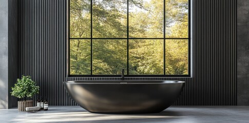 Poster - A modern bathroom featuring a sleek black bathtub and large window with a nature view.