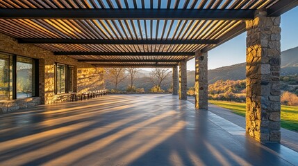 Poster - A spacious outdoor area with stone pillars and wooden beams, showcasing a scenic view.