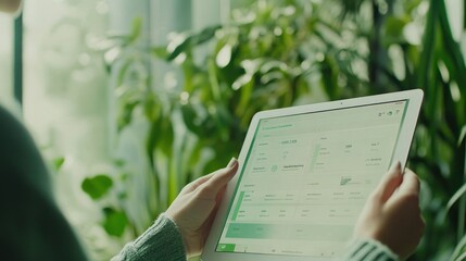 Leinwandbilder - A person holding a tablet displaying data and analytics in a green, plant-filled environment.