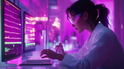 Fototapete - A woman in a lab coat and protective goggles is focused on her work in a modern laboratory filled with vibrant lighting.