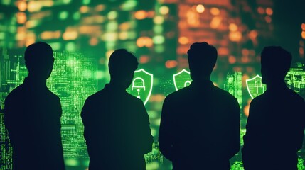 Aufkleber - Silhouettes of individuals against a digital security backdrop.