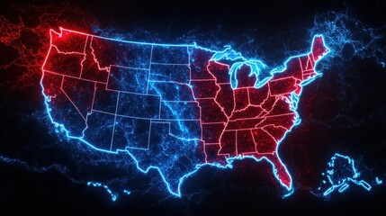 Poster - Neon Map of United States with Red and Blue Highlights Illuminating