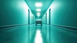 ©  lukaPixMedia - A solitary hospital stretcher is centered under bright fluorescent lights in a long, empty corridor, conveying a sense of anticipation or aftermath in a healthcare environment.