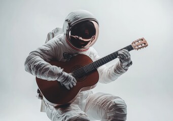 Poster - An astronaut playing a guitar in a minimalist setting, blending space and music themes.