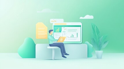 Aufkleber - A person working on a laptop with data charts and a plant in a modern workspace.
