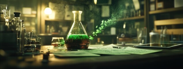 Aufkleber - A laboratory scene with a glowing flask, papers, and various glassware.