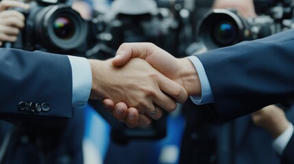 Aufkleber - Two individuals shaking hands in front of cameras, symbolizing partnership or agreement.