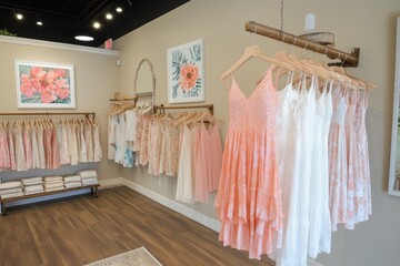 Poster - A boutique displaying a variety of dresses on hangers and walls adorned with floral art.