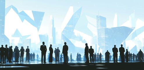 Aufkleber - Silhouetted figures against a futuristic cityscape with geometric shapes.