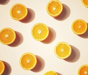 Sticker - A flat lay of halved oranges on a light background, showcasing their vibrant color and texture.