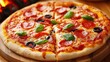 © 69 - Fresh Pepperoni Pizza with Olives and Basil on Wooden Table