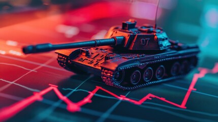 Poster - Toy tank model on stock market graph background with red trend lines