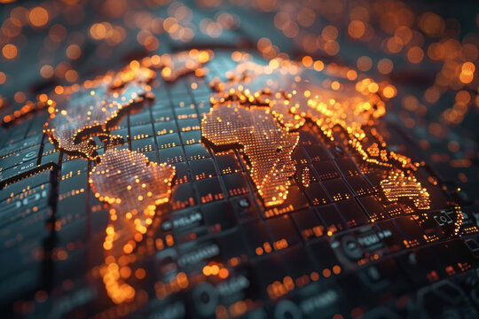 A world map designed in a high-tech style using bright orange dots and lines on a dark background.  