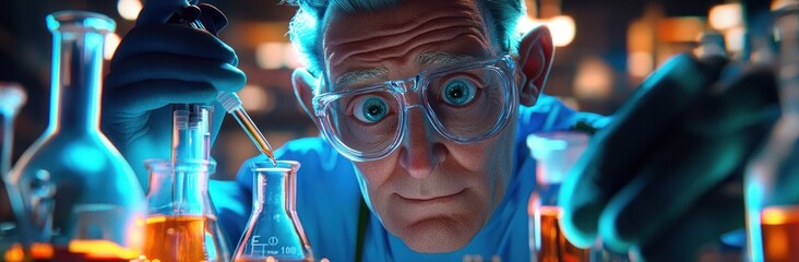 Poster - A scientist conducts experiments with colorful liquids in a laboratory setting.