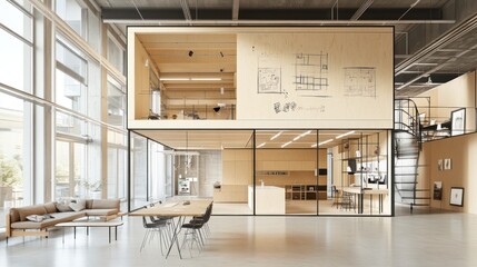 Aufkleber - Modern office space featuring a glass-walled meeting area and a wooden upper level.