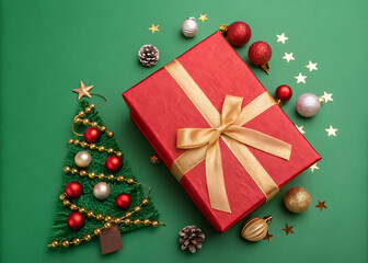 Wall Mural - A top view festive red gift box wrapped in a golden ribbon lies on a green background shaped like a Christmas tree, surrounded by holiday ornaments