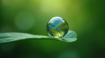 Wall Mural - Water droplet on a leaf with Earth inside on a green background