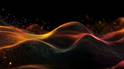 Poster - Abstract Technology Background Featuring Dynamic Neon Wave of Particles with Gradient Colors, Showcasing a Network of Connected Dots Representing Big Data and Digital Innovation for Futuristic and Hig