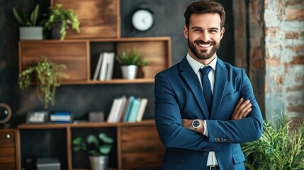 Poster - A smiling man in a suit stands confidently in a modern office setting.