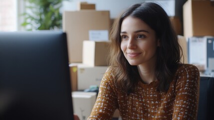 Poster - A woman with long, dark hair smiles while sitting at a desk, engaged with a computer screen. Boxes are stacked around her in a well-lit office, indicating a busy work environment.