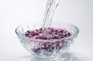 Poster - Fresh berries being rinsed in a clear bowl under running water.