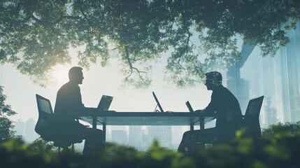 Poster - Two silhouettes working on laptops at a glass table in a green urban environment.