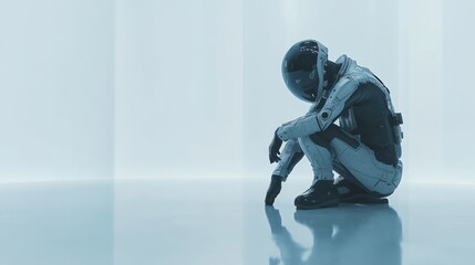 Aufkleber - A humanoid figure in a futuristic suit sits in a minimalist, illuminated space.