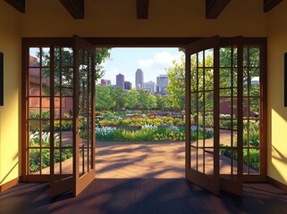 Poster - A vibrant garden view through open doors, showcasing city skyline and colorful flowers.