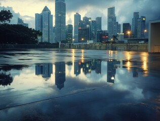 Poster - Urban skyline reflecting in rainwater puddles, capturing a serene cityscape at dusk.