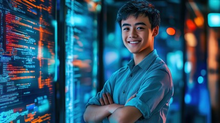 Poster - A young man smiles confidently in a tech environment with digital code in the background.