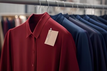 Poster - A display of neatly hung shirts in various colors with a price tag attached.