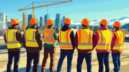 Poster - Construction Workers Overseeing Urban Development with Safety Gear