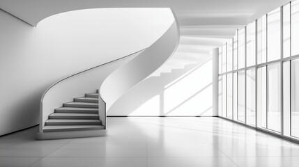 Poster - Modern spiral staircase in a bright minimalist interior with large windows