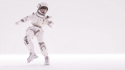 Leinwandbilder - a humanoid robot in a spacesuit appears to dance in a minimalist, bright environment.