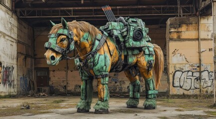 Poster - A large, robotic horse stands in an abandoned industrial space, equipped for battle.
