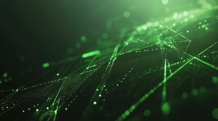 Poster - Abstract green digital landscape with lines and particles representing technology and data flow.