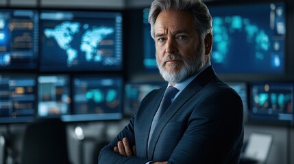 Poster - A serious man in a suit stands confidently in front of digital screens displaying data.