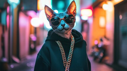 Poster - A stylish cat wearing sunglasses and a hoodie, posing confidently in a vibrant urban setting.