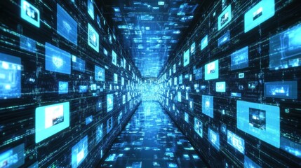 Poster - Digital tunnel filled with floating images representing data flow and technology