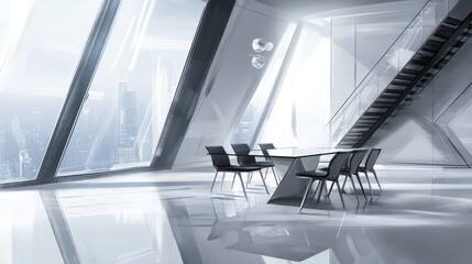 Poster - Modern conference room with sleek design and city view.