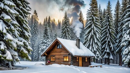 Wall Mural - Cozy Log Cabin in Snowy Winter Forest Scene