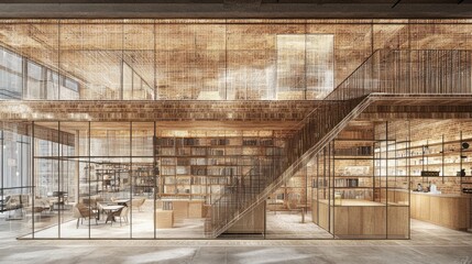 Aufkleber - Modern library interior with wood and glass design, featuring bookshelves and seating areas.