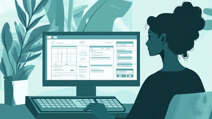 Aufkleber - A person working at a computer with data and forms displayed on the screen.