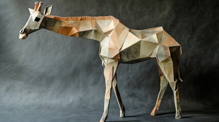 Fototapete - A geometric sculpture of a giraffe made from triangular paper segments.