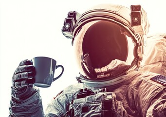 Aufkleber - An astronaut in space holding a coffee cup, blending exploration with everyday life.