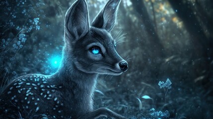 Aufkleber - A mystical deer with glowing blue eyes rests in a dark, enchanted forest.