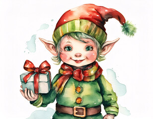 Wall Mural - A cheerful Christmas elf with pointed ears, holding a wrapped gift