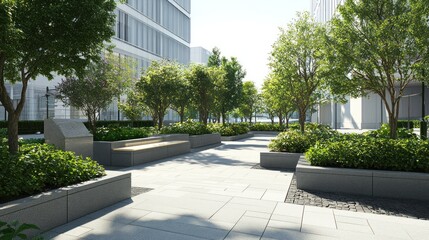 Poster - A serene urban garden with trees, benches, and greenery amid modern buildings.