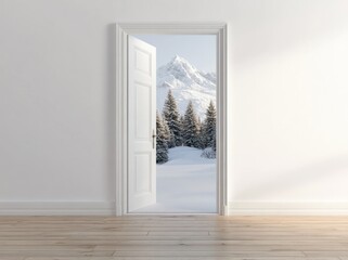 Aufkleber - An open door reveals a snowy mountain landscape with evergreen trees.