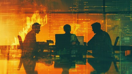 Poster - Silhouetted figures in a meeting with financial data overlay.